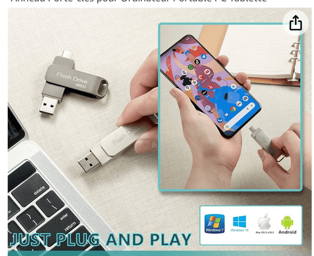 X Clé USB triple connecteur 2000 giga compatible avec toute appareil Livraison à partir du 15 décembre.